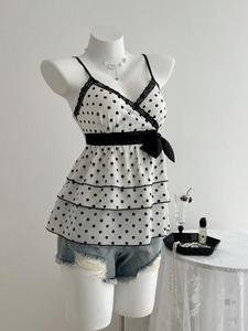 Elegant Women's Age-Reducing Lace Spliced Camisole with Colorful Polka Dots, Sleeveless Design with Bow Tie for Charming Look