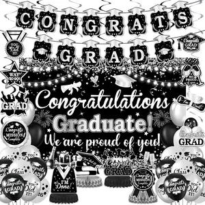 In black and silver this graduation decorations class of 2026 party supplies set includes congrats grad banner backdrop congratulation balloons hanging swirl honeycomb perfect for high school college celebrations