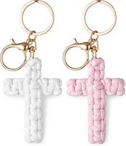 2PCS Macrame Cross Keychain Jesus Christian Car Accessories Handmade Soft Cross Keychain for Women Men Gifts