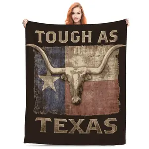 Texas Longhorn Digital Printed Flannel Blanket - 100% Polyester Fiber, Non-woven Fabric, Comfortable for All Seasons, Suitable for Living Room, Bedroom, Travel, Camping, Multifunctional Charming Style, 250 g/m² Weight, Red