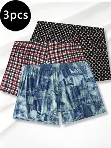 3-Pack Men's Printed Lounge Shorts, Elastic Waistband, Breathable Fabric, Casual Sleepwear, Perfect for Relaxing at Home