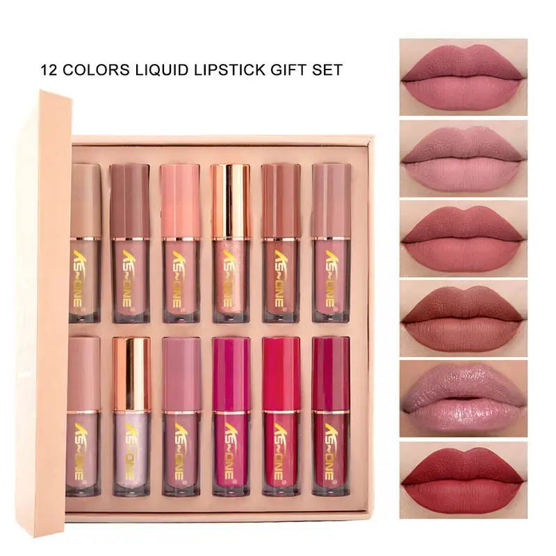 12PCS Liquid Lipstick Set 12 Color Matte and Pearlescent Lip Gloss Long Lasting Full Color Lip Makeup Set for Women Everyday Makeup