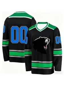 Classic Hockey Jersey Top, Design, Roaring Bear Print, V Neck Long Sleeve, Knit Fabric, Casual Wear, Sports Training, Party, Casual Sportswear, Athletic Shirt