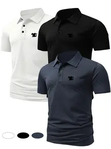 3-Piece Western Dragon Print Summer Men's Jacquard Polo Shirt Set, Fitted Casual Short Sleeve Breathable Top, Stylish Gift for Him, Polo Shirt Outfit