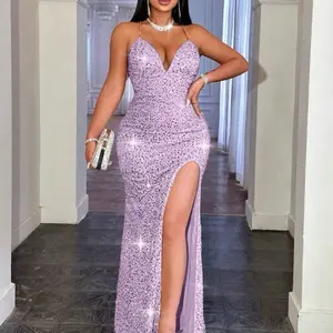 Lavender Sequin Backless Slit Dress – Fitted High-Waist Gown with Metal Chain Straps
