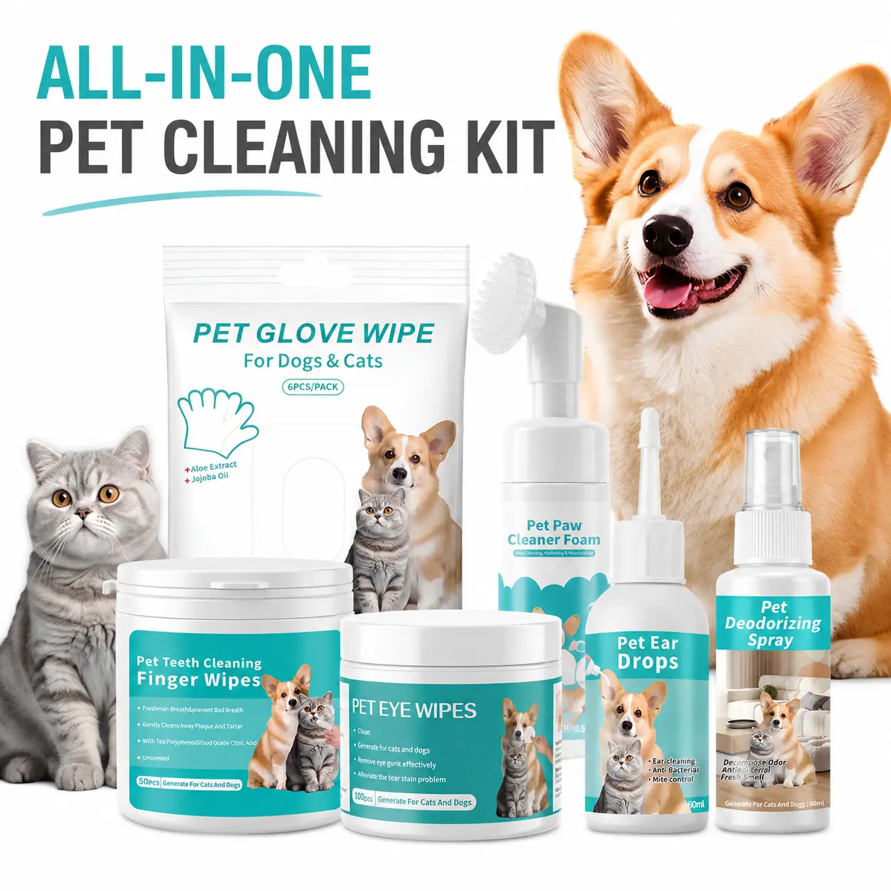 6-in-1 Pet Cleaning & Grooming Kit - Glove Wipes, Finger Wipes, Paw Foam, Ear Drops, Odor Spray for Dogs, Cats