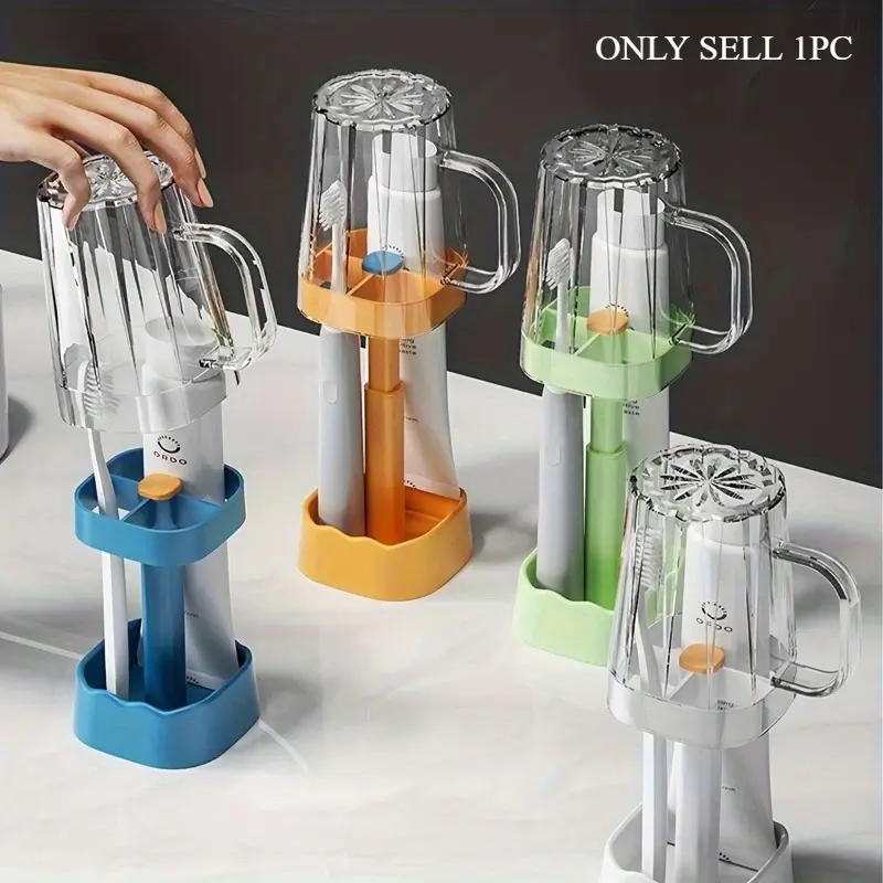 1pc Toothbrush Holder With Gargle Cup, Countertop Toothbrush Storage Rack, Toothpaste And Toothbrush Holder With Cover, Bathroom Accessories, Toothbrush Holders For Bathrooms