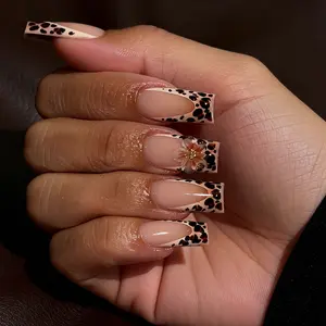 24 Pcs 3D Leopard Print Square Nails, Nude French Design with 3D Flowers & Gold Beads, Glossy Reusable False Nails, Y2K Style, Party & Office Use, Glossy Fake Nails