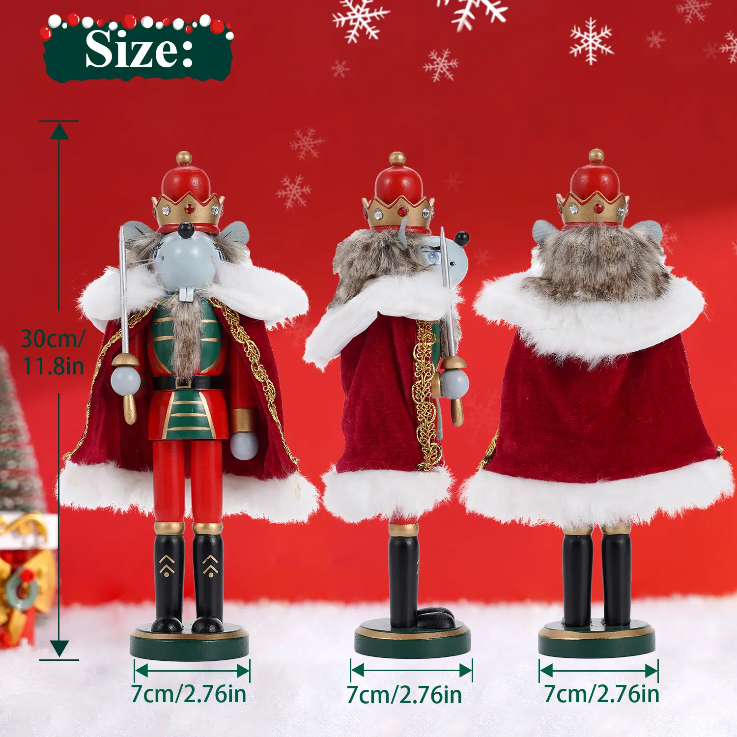 30cm Wooden Mouse King Nutcracker with Cape & Sword, Christmas Nutcracker Ornament, Traditional Xmas Tabletop Figurine Holiday Decor & Gift