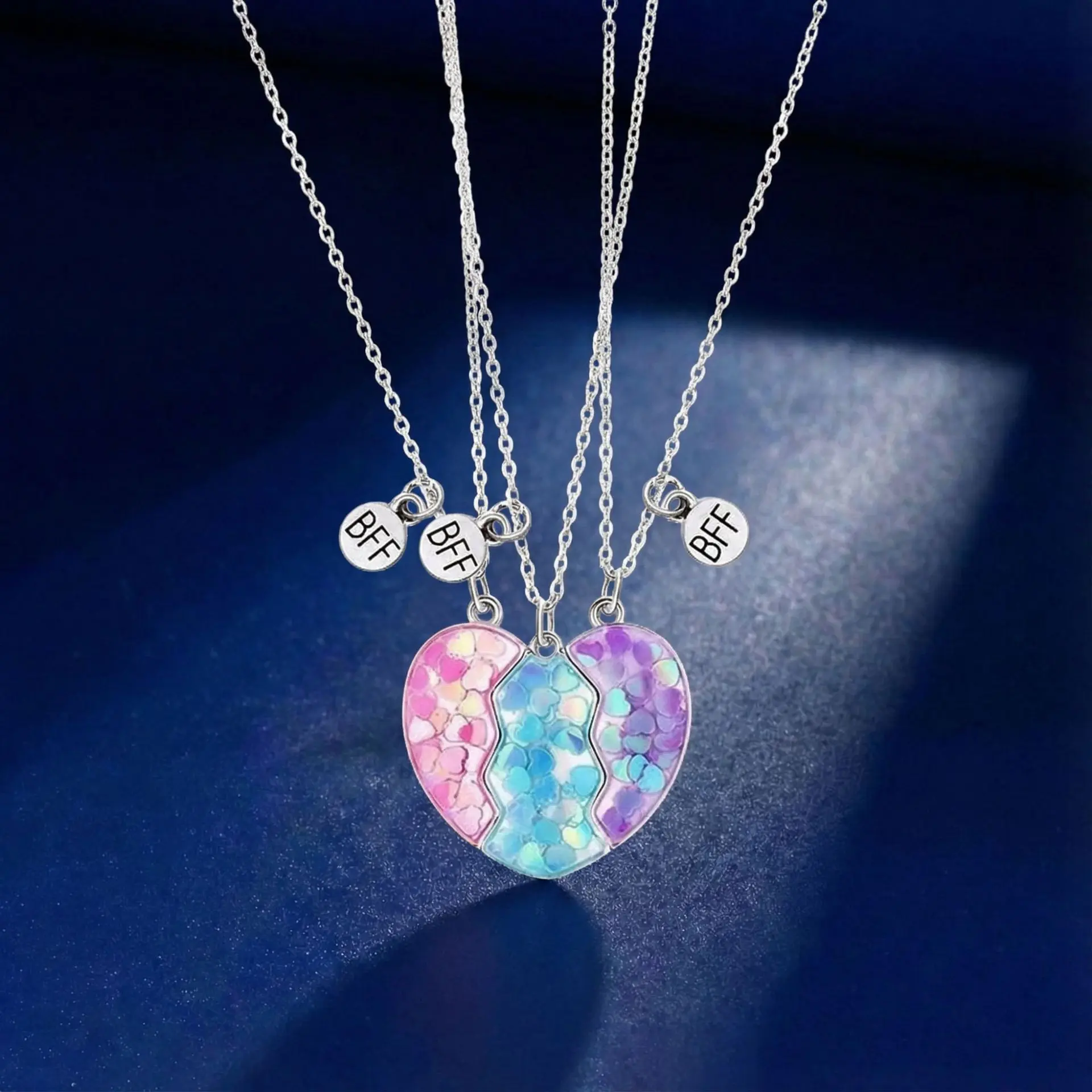BFF 3-Piece Star Moon Sun Necklace Set - Matching Friendship Alloy Construction Pendants with Glitter Heart, Enamel, Rhinestone & Adjustable Velvet Promise Ring