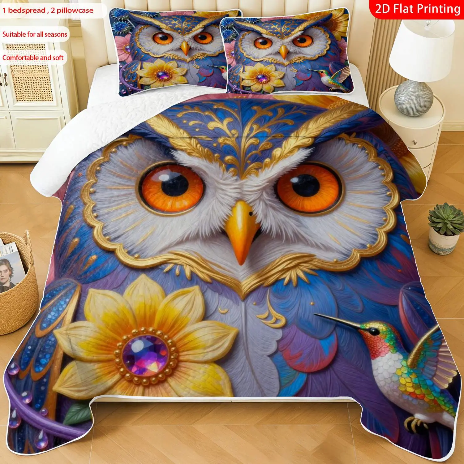 3 pcs, 2D Flat Print Colorful Owl & Hummingbird Floral Bedspread Set, Soft and Comfortable, Multiple Sizes Available, Suitable for Gifting and Daily Use, Ideal for Creating a Cozy Home Atmosphere(1 bedspread , 2 pillowcases)