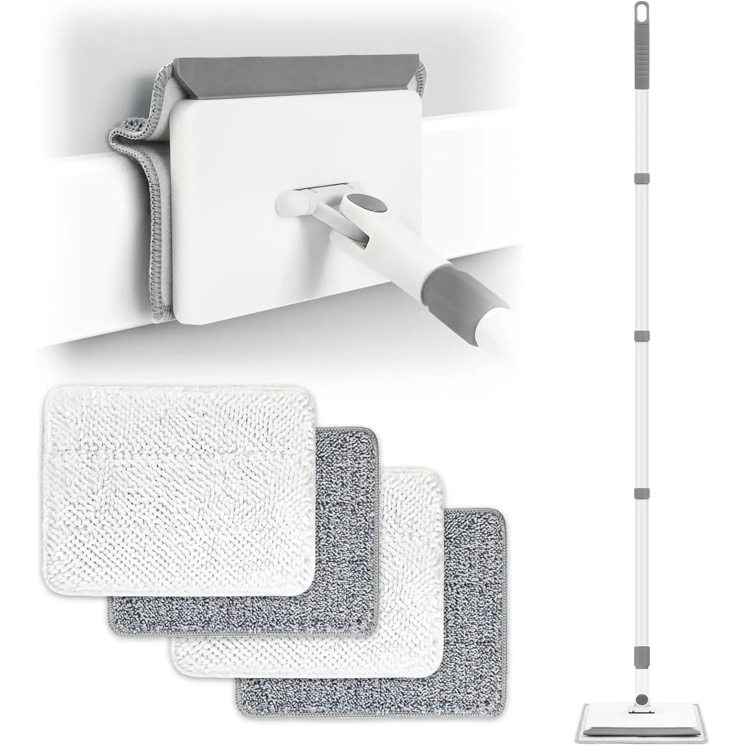 Baseboard Cleaner Tool with Handle,  Baseboard Cleaner with Extendable Long Handle, 4  Cleaning Pads Wall Cleaner for Baseboards Cleaning, Ceiling, Wall, Floor, Shower Bathroom Kitchen