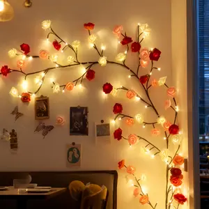 96-Light LED Tree Lights, USB Powered with Remote Control 8 Lighting Modes for Home Parties, Weddings, and Valentine's Day Decor Romantic Wall Accents with Artificial Rose Design Perfect for Indoor Room Decor