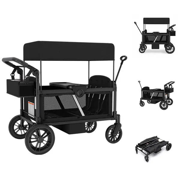 Scabine 4-Seat All-Terrain Foldable Stroller Wagon, Multi-Child Carrier, Adjustable UPF Sun Canopy, Side Opening Door, Push-Pull Handles, Detachable Snack Tray, Large Storage, Outdoor/Camping Family Travel Wagon, Grey/Black