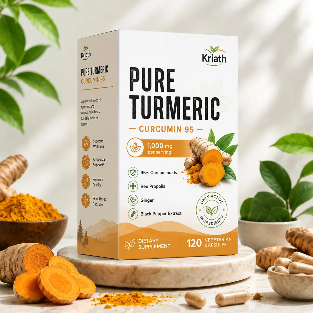 Turmeric Curcumin Natural Herbal Medicine Supplement 1000mg - 95% Complex with Bee Propolis, Ginger, MCT Oil, Fat-Soluble Vitamin C, Black Pepper, Non-GMO, Gluten-Free, 120 Capsules for Digestive Support & Wellness Tips