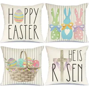 4pcs Easter Pillow Covers, Easter Theme, Happy Easter Colorful Rabbit & Egg Striped Design, Peach Velvet Single-Sided Printed Cushion Covers With Zipper Closure, No Pillow Insert Included, Easter Striped Decorative Pillow Covers For Sofa, Bed, Chair