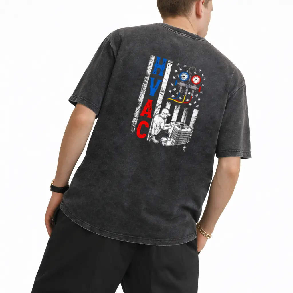 [100%cotton]Men'  Distressed HVAC - Retro American Flag Heating Cooling Units Graphic, Soft Breathable Cotton Crew Neck Tee Suitable for HVAC Technician Apparel Gift, Heating Cooling System, Machine Washable Casual Wear