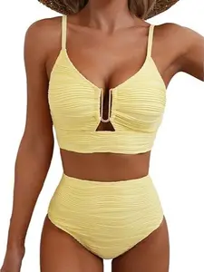 Kenne-shop Viral 2026 2 Piece Bikini Set | U-Wire Cutout High Waisted Textured Beach Swimsuit
