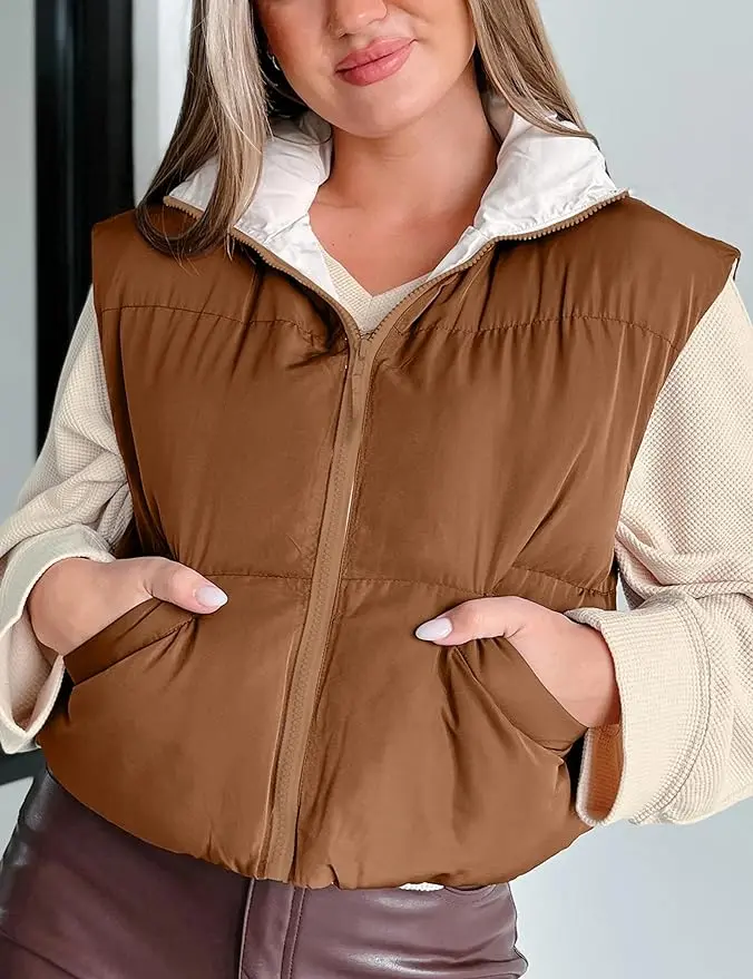 2024 Women's Winter Crop Puffer Vest Reversible Wear Zip Up Stand Collar Sleeveless Warm Outerwear Coat Cotton
