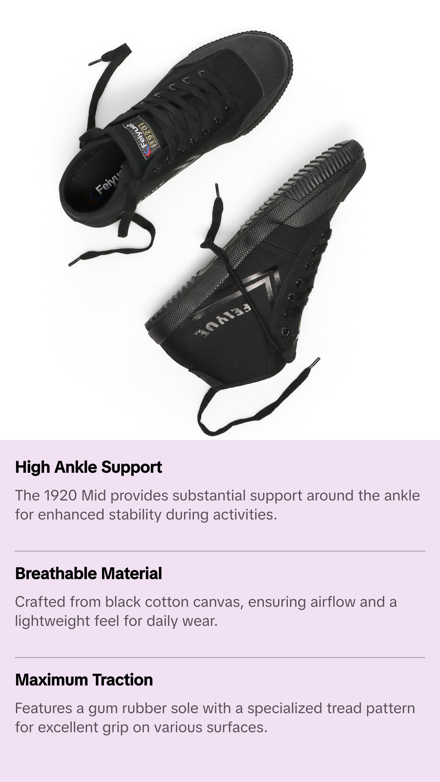 Authentic Feiyue Mid top Trainer Sneakers in Breathable All Black Canvas | Great for Martial Arts, Lifting, Parkour and Everyday Wear | Black Gum Sole for Traction | Streetwear Fashion | Fe Mid 1920 Heritage Shoe | Ships from USA  Athletic Footwear