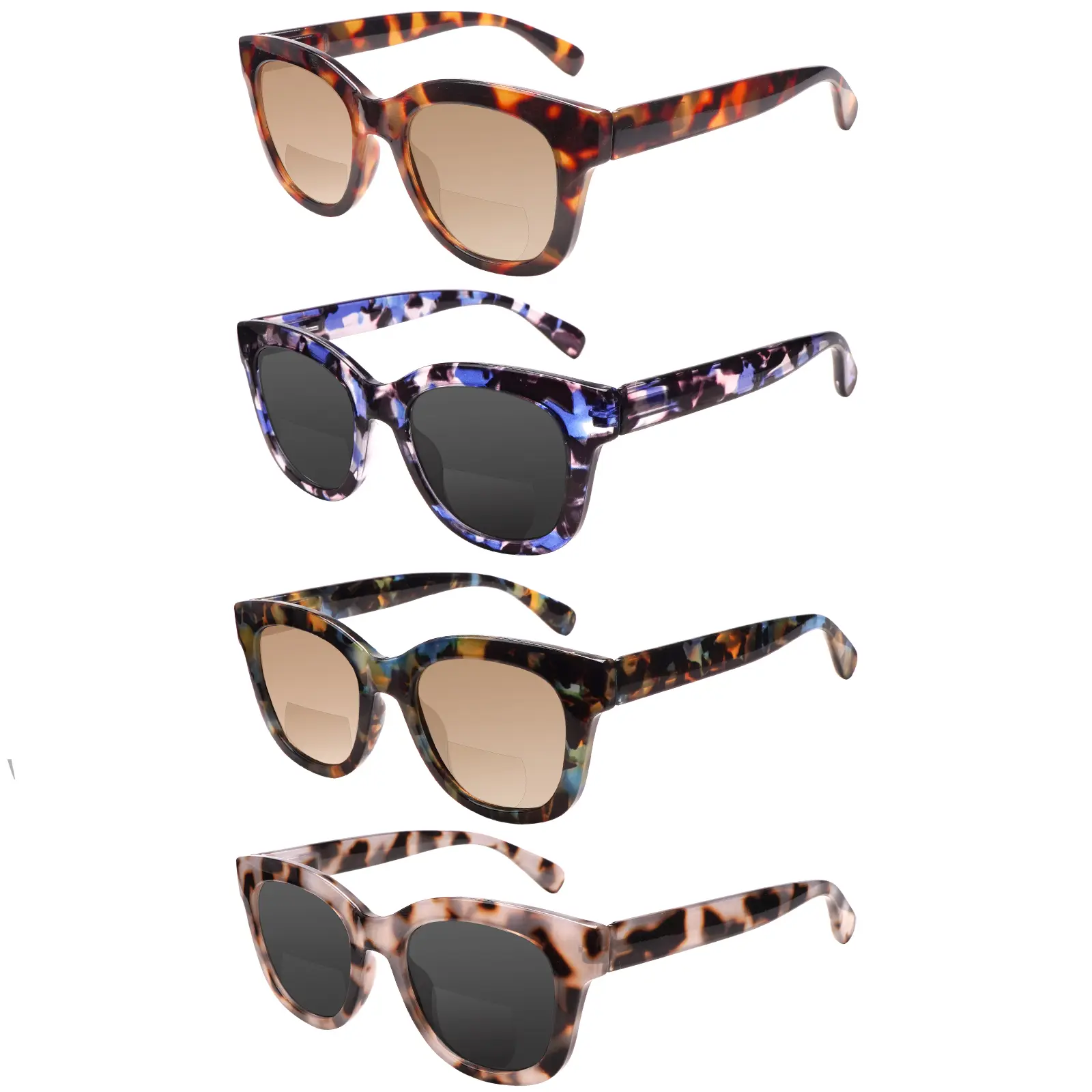 4-Pair Double-Lens Gray Anti-Blue Light Reading Glasses Stylish prints, designed specifically for women. Features spring hinges to accommodate various face shapes. Comfortable to wear for daily and outdoor activities.