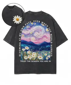 Men's Acid Wash Oversized Heavyweight Cotton T-Shirt - Seamless Short-Sleeve Apparel, Soft Printed Inspirational "Blooming At My Own Pace" Quote, Starry Night Daisy Oil Painting Aesthetic, Positive Mental Health Streetwear Casual Top