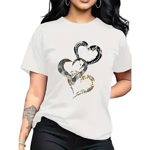 Emotion and Love" Representative, Metallic Art Heart Print Trendy Fashion, Simple Round Neck Casual Versatile Short Sleeve Women's T-Shirt for Leisure, Travel, and Vacation