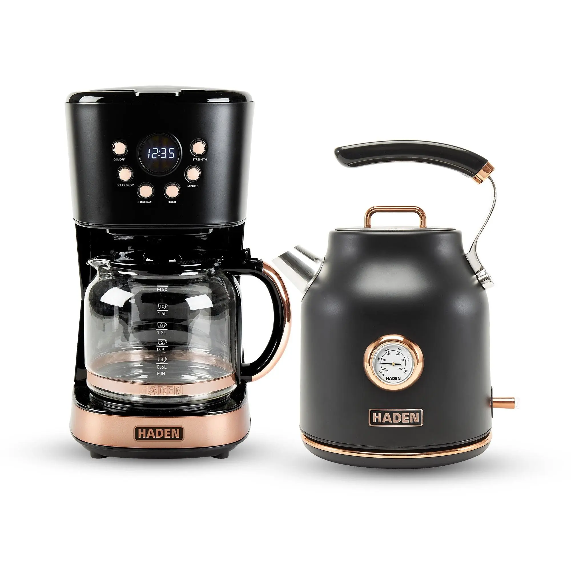 Haden Dorset 1.7L Electric Water Kettle & 12 Cup Coffee Maker, Black & Copper