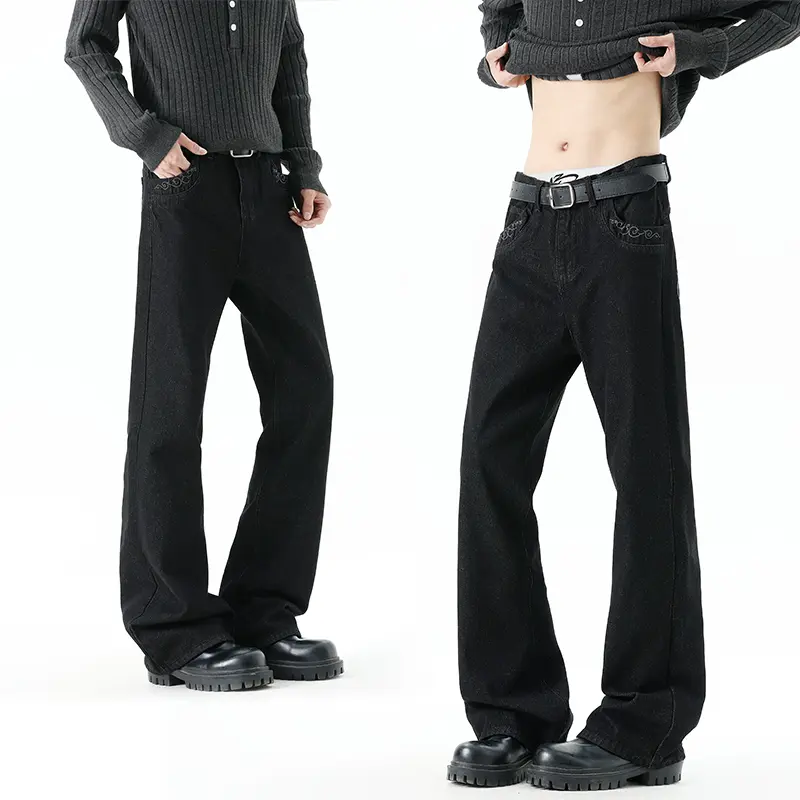 Men's Retro Dark-Pattern Embroidered Black Flared  - Niche Design, Slim Fit, Drapey Fabric, Figure-Flattering, Floor-Length Bell-Bottom Pants baggy men hem jean streetwear wide-leg