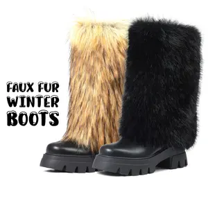 CELNEPHO Faux Fur Mid Calf Boots for Women Round Toe Side Zipper Closure Chunky Platform Heel Easy Pull on Warm Boot Gift Date Casual Wear Winter Dress Shoes