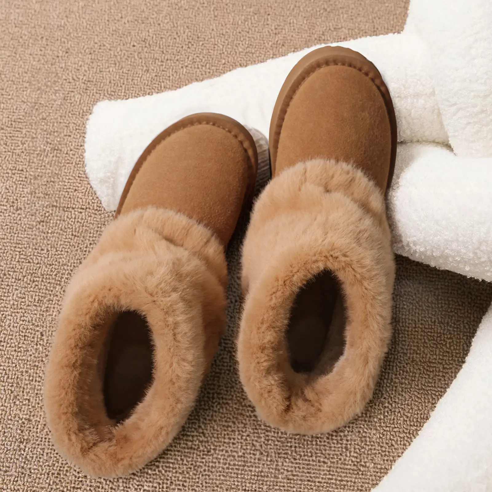 Platform Fur Boots for Women Genuine Cow Suede Furry Faux Fur Boots, Warm Winter Classic Short Mini Bootie for Indoor Outdoor, Anti-slip Sole for Gift