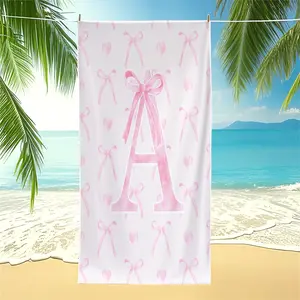 Pink Bow & Monogram Print Beach Towel, Quick-Dry Pool Towel, Lightweight Camping Towel, Soft Absorbent Bath Towel Blanket, Absorbent Breathable Towel, Oversized Towel for Beach Days, Pool Parties & Summer Travel, Ideal Gift for Girls