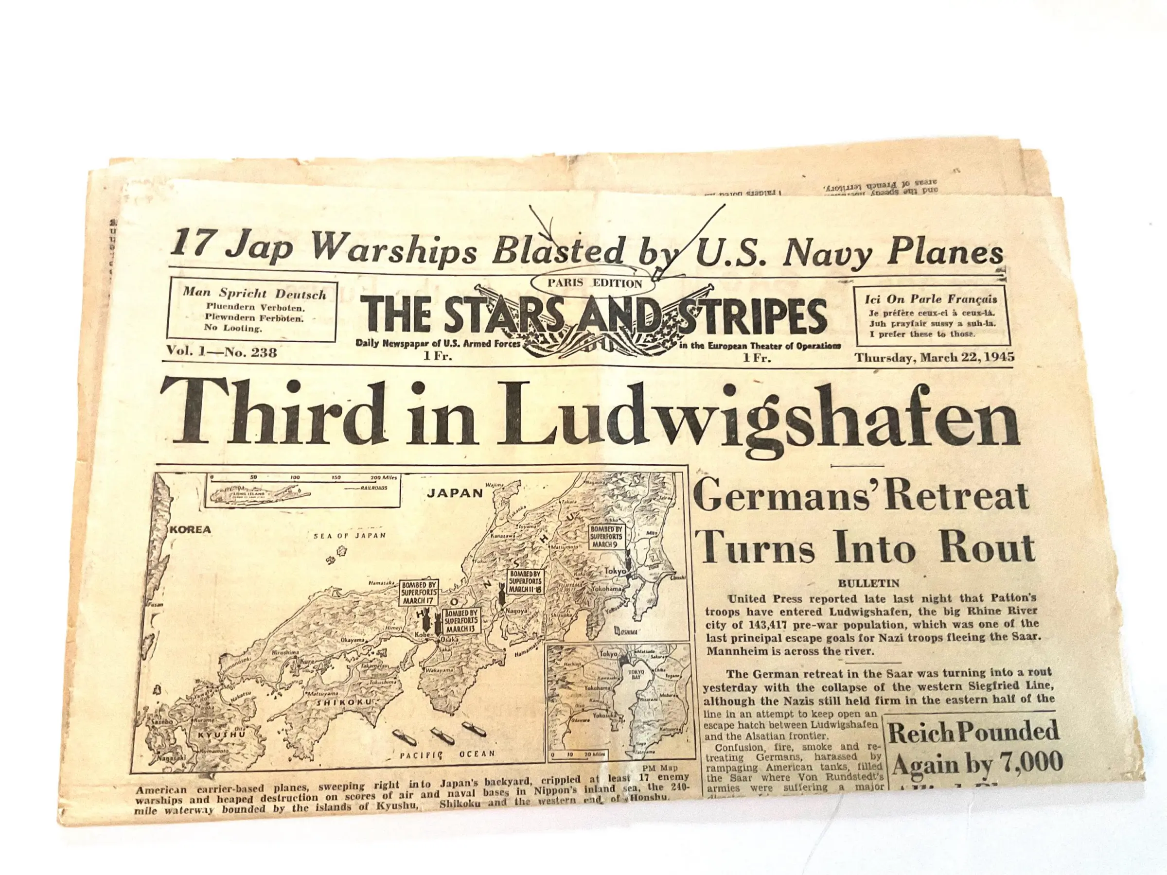 Original WWII Stars and Stripes Newspaper - Dated March 22, 1945 - Naval Battles & German Retreat