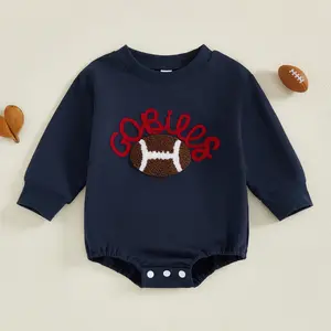 Baby Football Bubble Romper Rugby Letter Embroidered Crewneck Long Sleeve Sweatshirt Jumpsuit Cute Fall Clothes