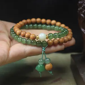Sandalwood Double-Layer Bracelet with Green Lotus Seedpod, Chinese Style, Cultural Play Prayer Beads for Men and Women