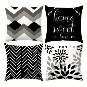 4pcs,   Abstract Themed Throw Pillow Covers, Black and White Series, Abstract Sweet Home Design, Home Decor for Living Room Sofa and Bedroom, Suitable for Spring and all Seasons Decoration, 2D Flat, Single Sided Printing, No Pillow Core