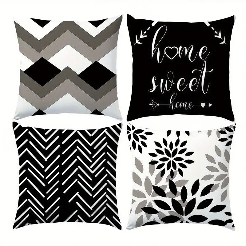 4pcs-Abstract Themed Throw Pillow Covers, Black and White Series, Abstract Sweet Home Design, Home Textile, Bedroom Decorative Accessories, Home Decor for Living Room Sofa and Bedroom, 2D Flat, Single Sided Printing, No Pillow Core