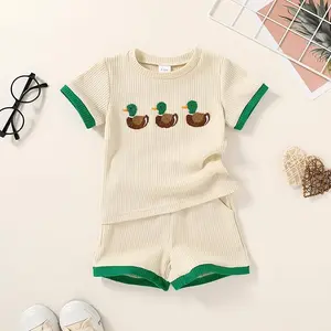 Baby Boy Clothes Toddler Infant Summer Outfits Embroiderey Waffle Knit Shorts Set T Shirt Tees