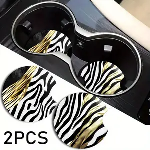 2pcs Modern Black Zebra & Golden Print Car Wooden Coasters - Stylish EVA Mats for Vehicle Interior, 2.76inch, Perfect for Fashion Lovers, New Year'S Gift, Car Decor | Modern Car Decor | Durable Car Mats, Car Accessories
