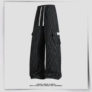 Men's Casual Fashion Work Pants Versatile Long Trousers for Spring and Autumn with Stylish Grid Pattern and Functional Pockets in Polyester