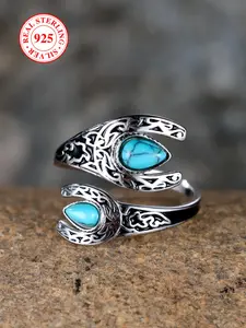 925 Sterling Silver Vintage Style Engraved Ring, Fashionable Turquoise Textured Adjustable Size Ring, Boho Style Jewelry Accessories for Women & Men