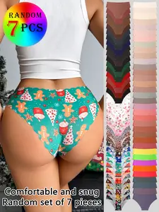 7-piece set of randomly colored wave-edged seamless one-piece triangle panties, Seamless Crotch Design, leopard print and solid color mix, sexy, comfortable, stretchy, and smooth women's underwear