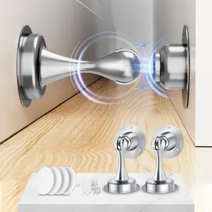 2-Pack Stainless Steel Magnetic Door Stoppers, Adhesive Tape & Screw Mounting Options for Wall or Floor, No-Drill Easy Install Magnetic Stop, Silver