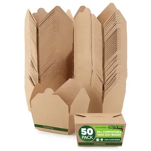Set of 50 30 oz Food Take Out Containers Disposable Small Microwaveable Paper To Go Boxes Grease Resistant Kraft Cardboard Lunch Box Takeout