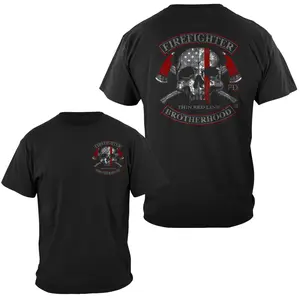 Firefighter Brotherhood Thin Red Line T-Shirt, Skull and Axes Graphic Print, Soft Cotton Blend Shirt for Firefighter Supporters, Bold Patriotic Apparel for Men & Women