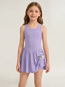 Girls' Sporty Tennis Dress, Cross-Back Sleeveless One-Piece, Quick-Dry Pocketed, Versatile Golf & Tennis Skirt, All Seasons