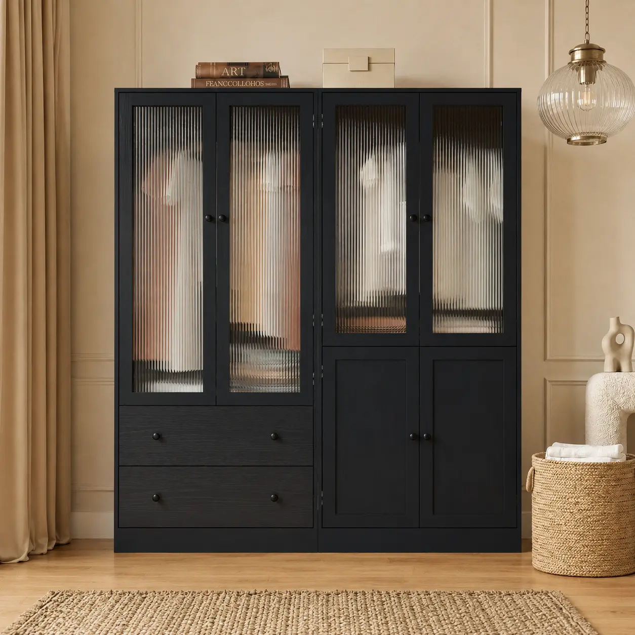【2 Packages Delivery】VOWNER Black Wardrobe Closet with Fluted Glass Door, 2 Drawer & Shelf, Wooden Armoire Storage Cabinet for Bedroom