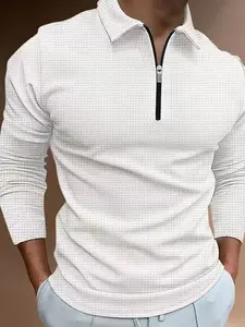Men's Fall Waffle Knit Polo Shirt, Solid Color Half-Zip Design, Breathable Fabric, Casual & Business Wear, Trendy Idea