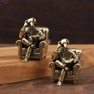 Vintage Brass Reading Puppy Figurine, Elegant Mini Dog Statue, Metal Animal Decor for Home, Office Desk & Bookshelf Ornament