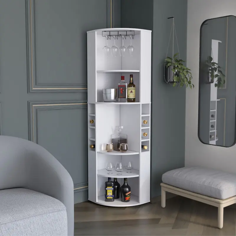 Corner Bar Cabinet with Five Shelves , Eight Bottle Cubbies and Steamware